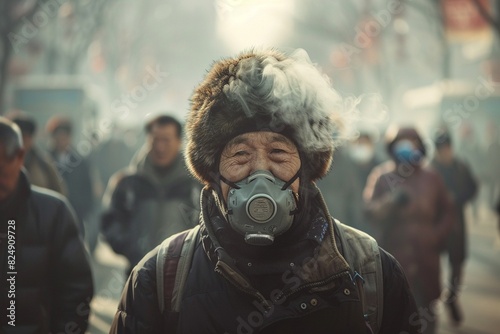 An old man wearing a gas mask walks through a polluted city. photo