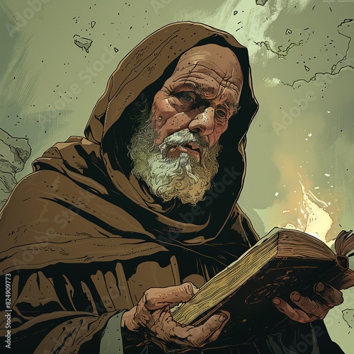 An old monk is reading a book. He is wearing a brown robe and a hood. His face is wrinkled and his eyes are closed. The background is a stone wall.