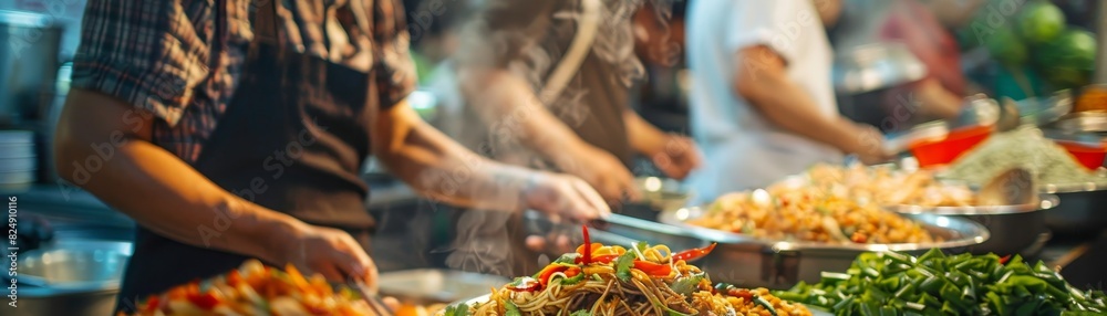 A bustling Thai street food scene with a vendor serving boat noodles, with colorful ingredients and busy marketgoers in the background