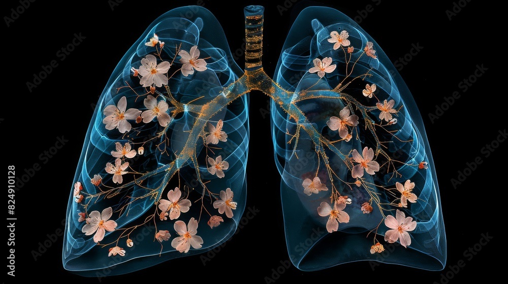 The image shows a pair of healthy lungs with delicate cherry blossoms growing inside. The image shows a pair of healthy lungs with delicate cherry blossoms growing inside.
