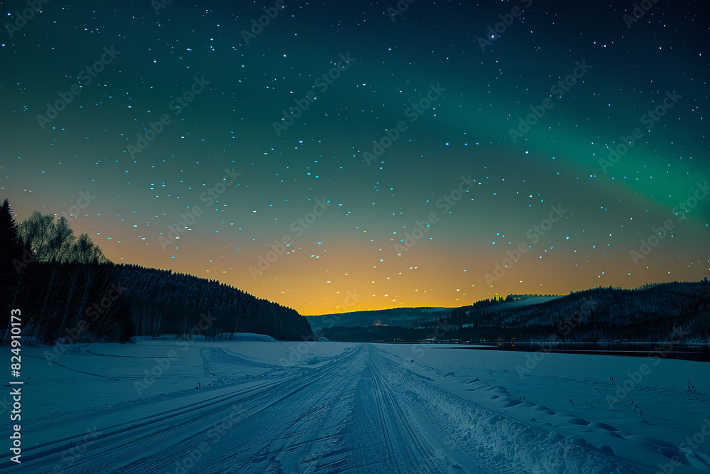 Vibrant Northern Lights Over Snowy Landscape Under Starry Sky Vibrant Northern Lights Over Snowy Landscape Under Starry Sky