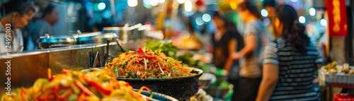 A bustling Thai street food scene with a vendor serving boat noodles, with colorful ingredients and busy marketgoers in the background photo