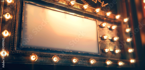 Vintage theatre marquee with a blank billboard, 3D rendered for custom event advertising, accented with a light border.
