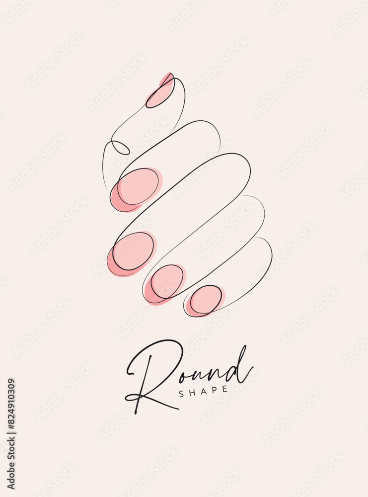 Woman hand with pink round nails drawing in linear style on beige background