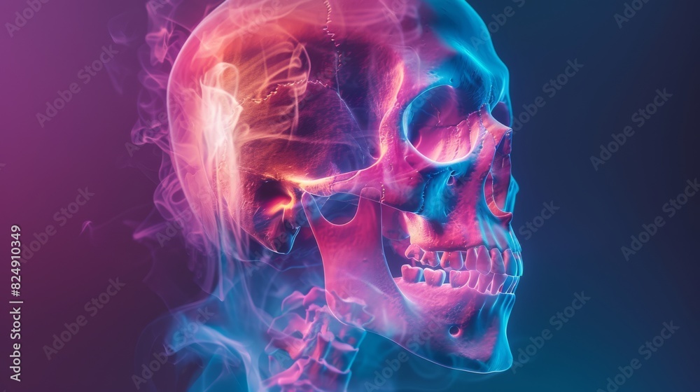 The image shows a skull in a colorful smoke The image shows a skull in a colorful smoke