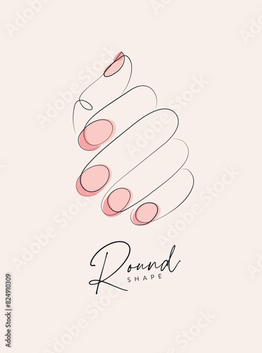 Obraz na płótnie Woman hand with pink round nails drawing in linear style on beige background w salonie