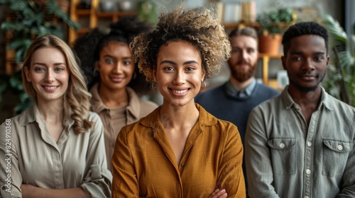 Warm portrait of a confident, curly-haired woman leading a smiling and diverse professional team © familymedia