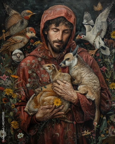 Saint Francis of Assisi surrounded by animals in the forest