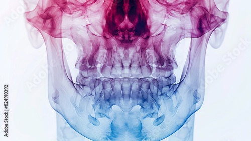 The image shows an X-ray of a human skull. The skull is in focus and the details of the bones are clearly visible. photo
