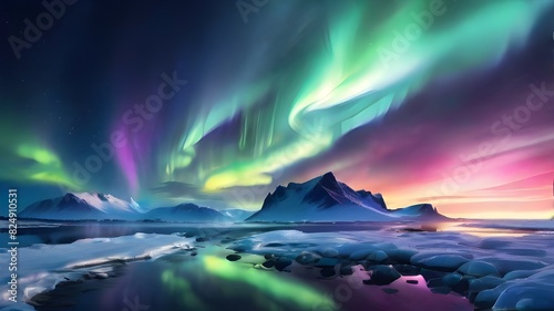Gorgeous Northern or Southern lights of Aurora in a beautiful night sky. Aurora Borealis above the islands' sky. A bright sight in a nighttime winter landscape © AzharAbbas