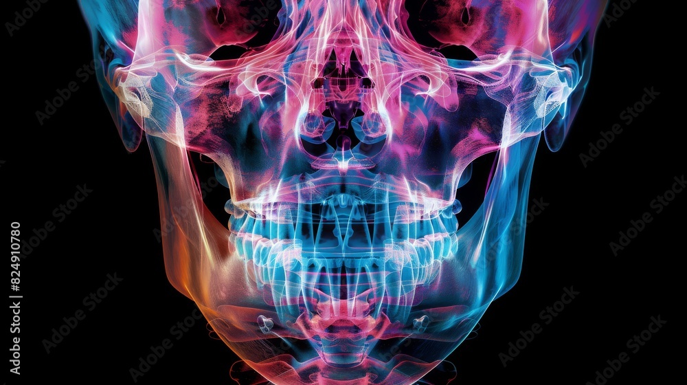 This is an X-ray of a human skull. The skull is in focus and the colors are vibrant. This is an X-ray of a human skull. The skull is in focus and the colors are vibrant.