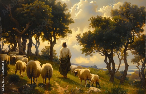 Jesus and Lamb Stroll Through Meadow in Inspirational Painting photo