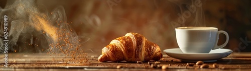 A classic French croissant and a cup of rich cafe au lait photo