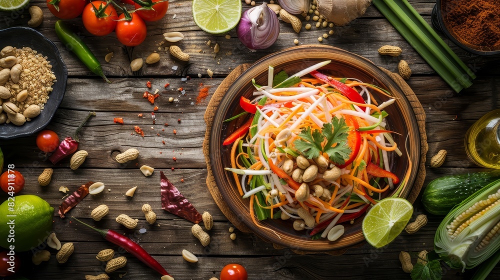 A closeup of a beautifully arranged som tum papaya salad platter with fresh vegetables, peanuts, and lime on a rustic wooden table A closeup of a beautifully arranged som tum papaya salad platter with fresh vegetables, peanuts, and lime on a rustic wooden table