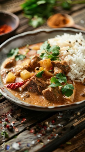 A closeup of a beautifully plated massaman curry with beef  served with jasmine rice and fresh herbs on a rustic wooden table