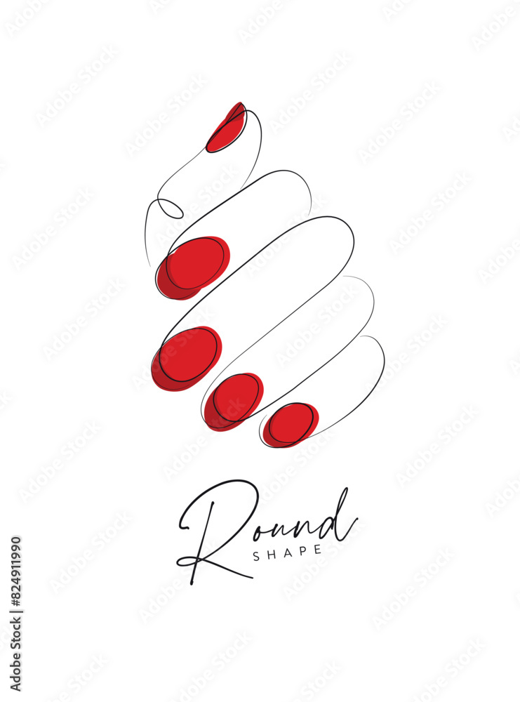 Woman hand with red round nails drawing in linear style on beige background