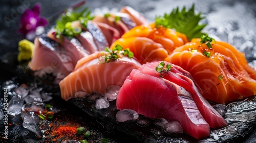 A closeup of a freshly sliced sashimi platter with salmon, tuna, and yellowtail, arranged elegantly on an icefilled, dark slate plate