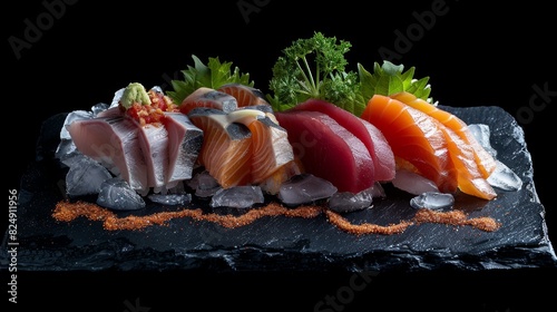 A closeup of a freshly sliced sashimi platter with salmon, tuna, and yellowtail, arranged elegantly on an icefilled, dark slate plate photo