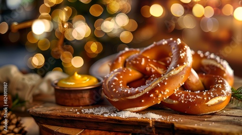 A closeup of a German pretzel with coarse salt, resting on a wooden board with a small pot of mustard, with a festive beer garden in the background photo