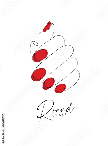 Obraz na płótnie Woman hand with red round nails drawing in linear style on beige background w salonie