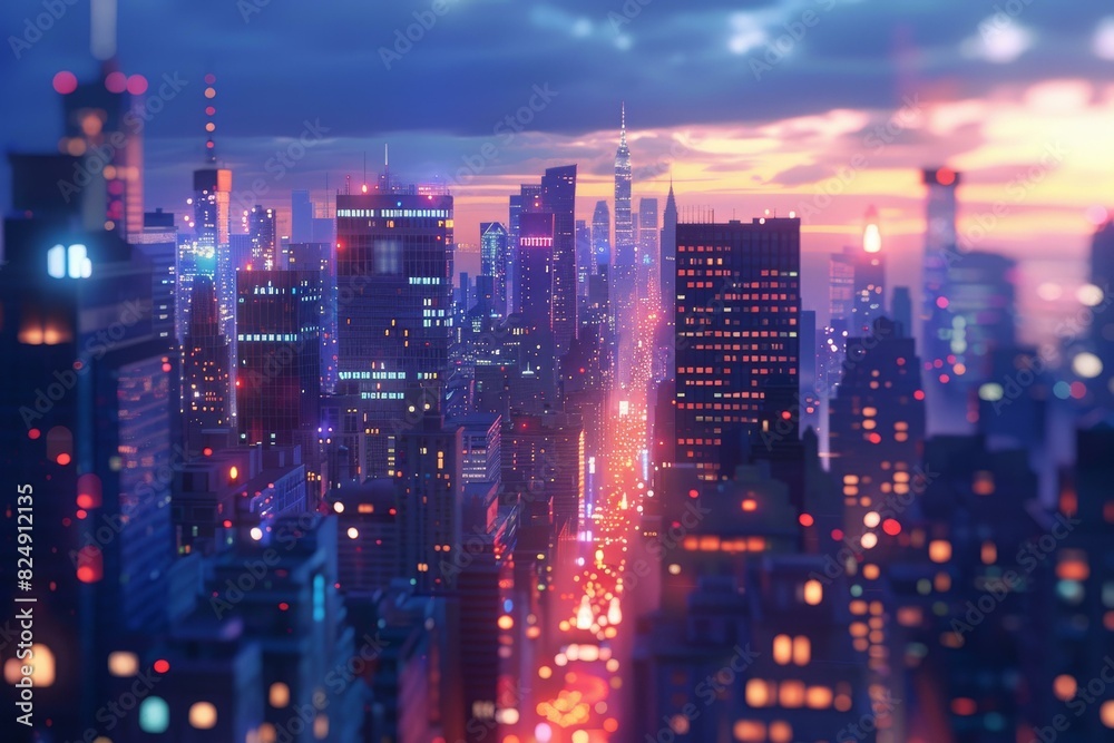 Futuristic Cityscape with Skyscrapers and Colorful Lights