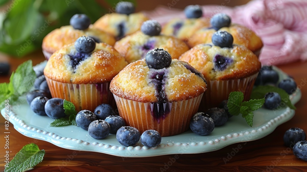Blueberry muffins dusted with sugar on a delicate blue plate alongside fresh berries and mint