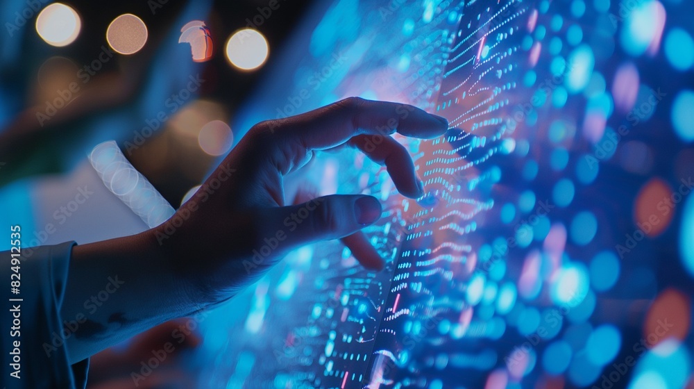 IT staff collaborating on a user interface design on a touch screen, teamwork, blurred background, and copy space IT staff collaborating on a user interface design on a touch screen, teamwork, blurred background, and copy space