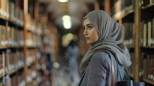 A beauty young Muslim woman wearing a hijab and gray suit is in a library with bookshelves in the background.