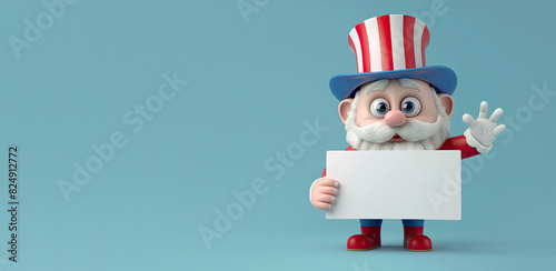 Cute Cartoon 4th of July Indepence Day America Uncle Sam Character Holding a Blank Sign with Space for Copy photo