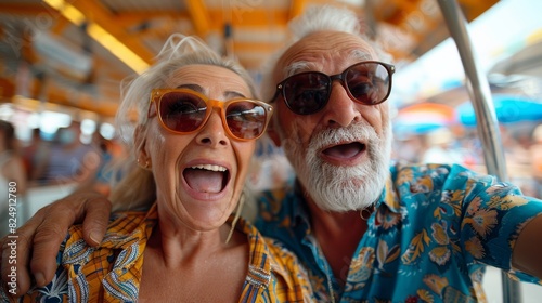 An elderly couple with sunglasses share a joyous moment taking a selfie at a bustling outdoor fair