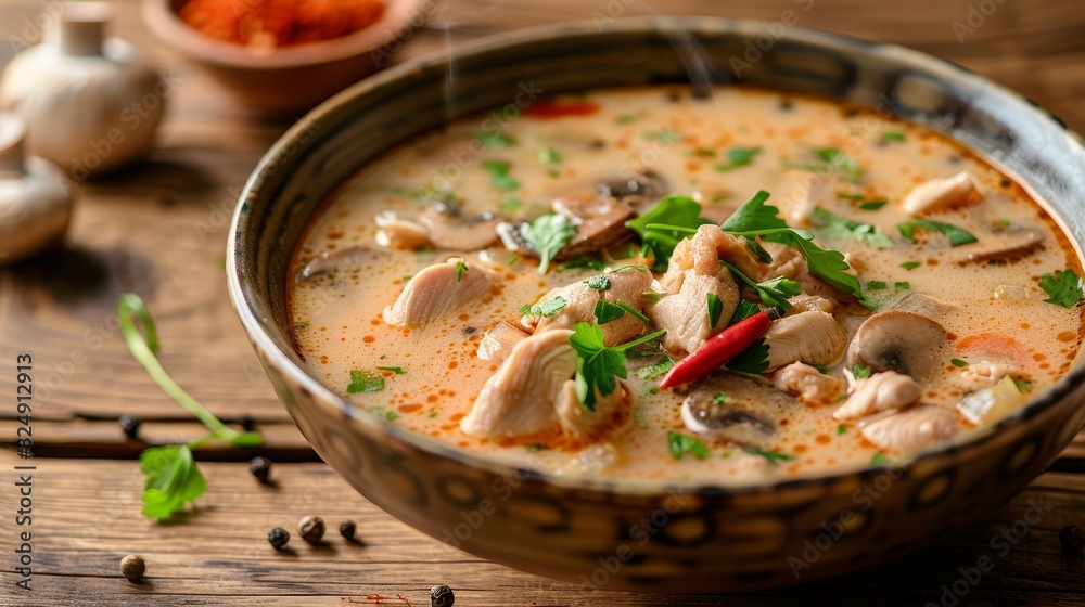 A closeup of a steaming bowl of tom kha gai coconut chicken soup, with fresh mushrooms and herbs, set against a wooden background