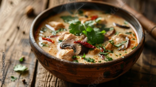 A closeup of a steaming bowl of tom kha gai coconut chicken soup, with fresh mushrooms and herbs, set against a wooden background