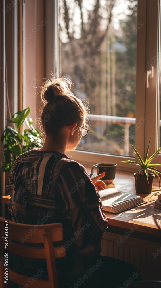 Blonde woman reading a book at a wooden desk by a window with morning sunlight and indoor plants Blonde woman reading a book at a wooden desk by a window with morning sunlight and indoor plants
