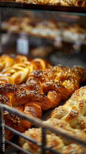 A closeup of an Israeli bakerys display of fresh challah and rugelach, with a modern, stylish interior photo