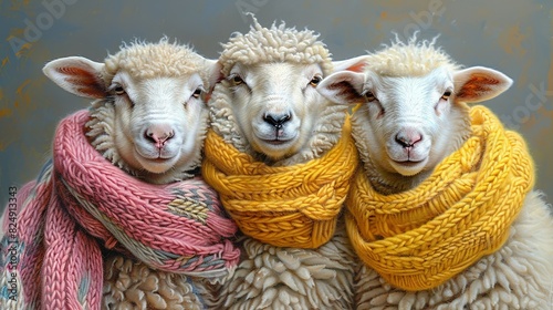  A pair of sheep standing together with scarves on their heads and necks