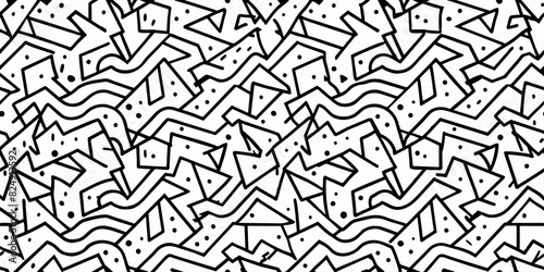 Geometric vector seamless pattern in Memphis style with thin curved and zig zag lines  dots. Black and white doodle texture. Retro fashion style 80-90s. Hand drawn ornament with thin brush strokes.