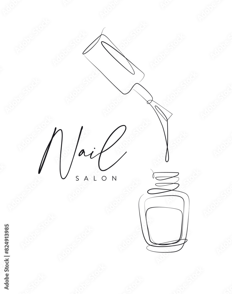 Nail polish bottle lettering salon drawing in linear style on white background