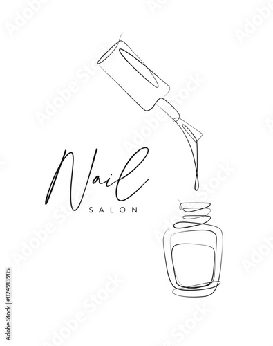 Obraz na płótnie Nail polish bottle lettering salon drawing in linear style on white background w salonie