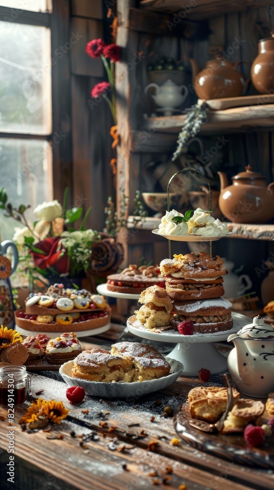 Fototapeta premium A cozy British bakery with a selection of scones, Victoria sponge cakes, and teapots, with a charming countryside decor