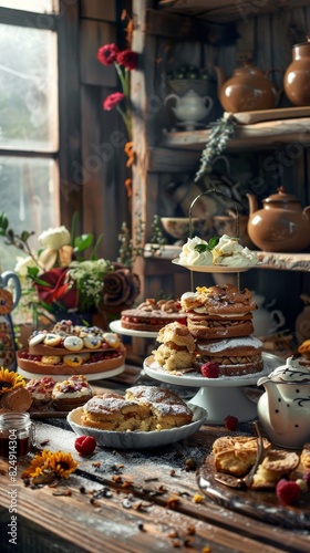 A cozy British bakery with a selection of scones, Victoria sponge cakes, and teapots, with a charming countryside decor