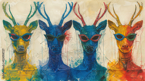   A trio of deer adorned with spectacles  painted in a vibrant palette of blue  yellow  red  orange  and green