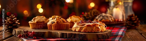 A cozy Scottish bakery with a selection of shortbread and fruitcakes, set against a backdrop of tartan decor and warm lighting photo