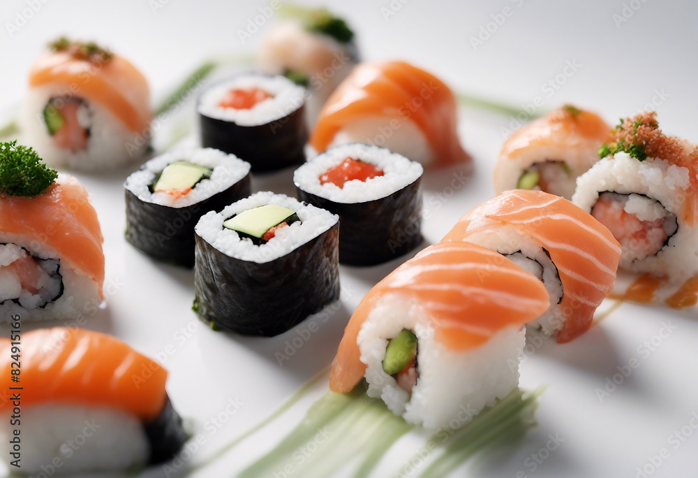 Minimalist presentation of sushi, isolated Asian food, sushi. isolated white background, Japanese restaurant
