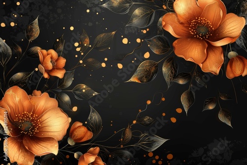 golden flowers and leaves on black background photo