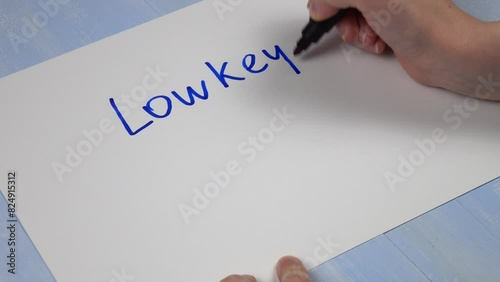 Young girl writes on a sheet of paper various words and expressions of gen z slang. Word and phrases «lowkey