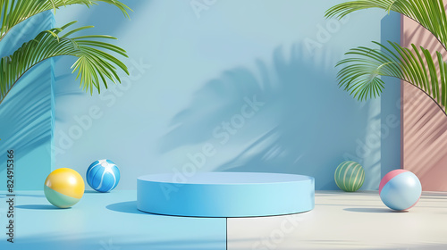 Blue podium or pedestal for products or advertising on tropical background with beach balls, 3d render © AY AGENCY