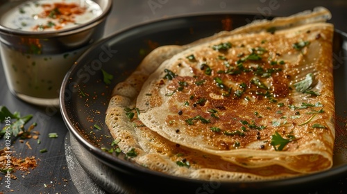 A dish of Indian dosa with a glass of buttermilk photo