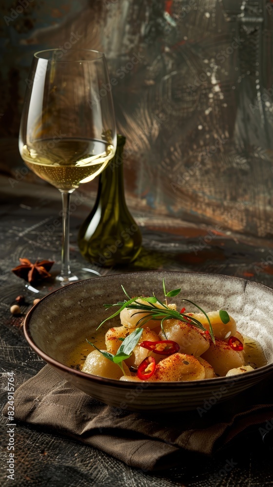 A dish of Italian gnocchi with a glass of white wine