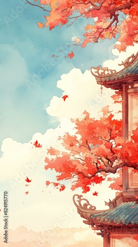 Ancient Chinese Architecture with Autumn Maple Leaves