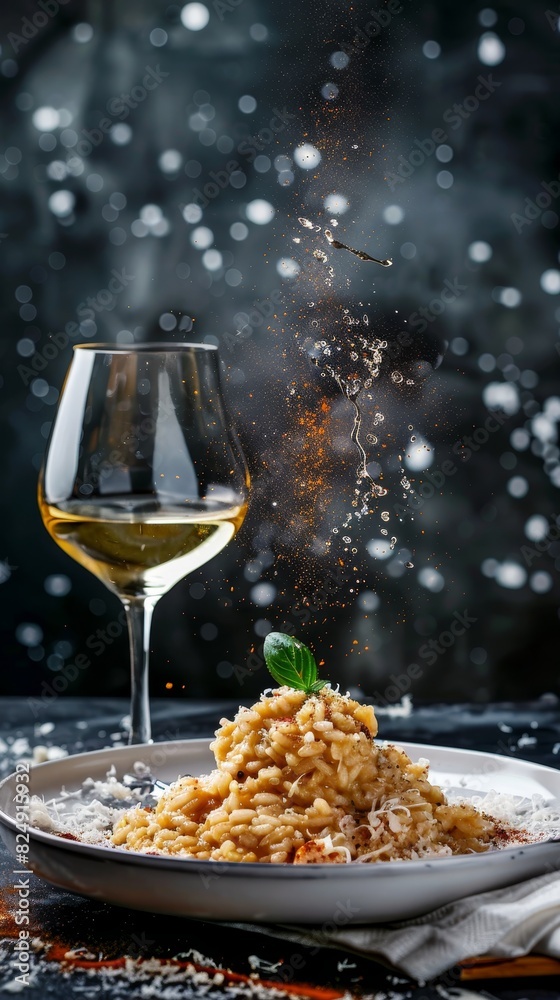 A dish of Italian risotto with a glass of white wine A dish of Italian risotto with a glass of white wine